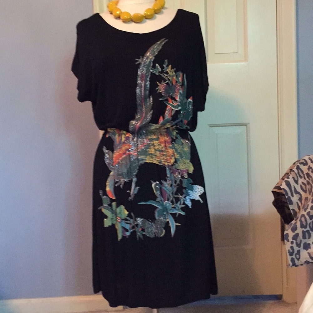 Black cotton screen printed short-sleeve dress - Picture 3 of 8